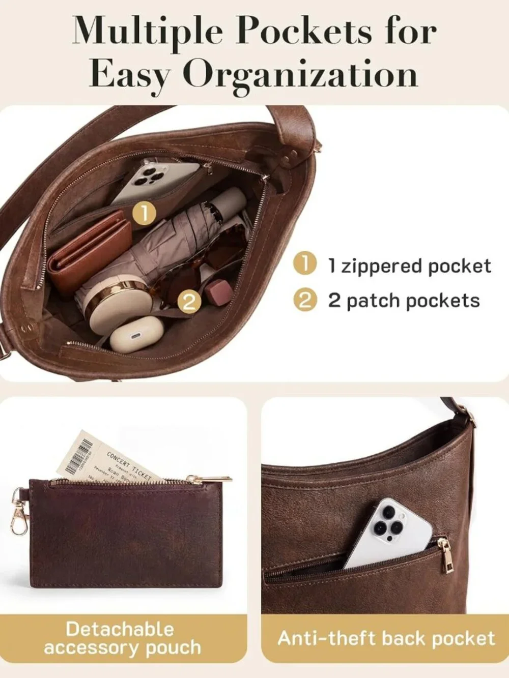 Stylish PU Leather Hobo Bag for Women | Multi-Pocket Crossbody & Tote Handbag